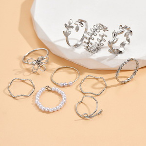 Fashionable and unique hollowed-out flower <b>stacked</b> <b>ring</b> set, smooth leaf and vine imitation pearl joint <b>rings</b>, 10-piece set. - Product Image 4
