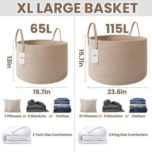 Cesto para Ropa Sucia de Cuerda de Algodón Tejida Extra Grande de 65L, con Asas Reforzadas, Plegable, Ligero, Lavable a Máquina, Color Avena - Product Image 3