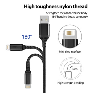 3A sạc nhanh nylon bện USB A đến L cáp để truyền dữ liệu L-480Mbps, đầu nối mạ Niken, OEM (Đen/Trắng) - Product Image 2