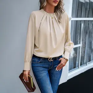 Wholesale price ODM/OEM design frill neck office elegant women long puff sleeve solid colour casual blouse top