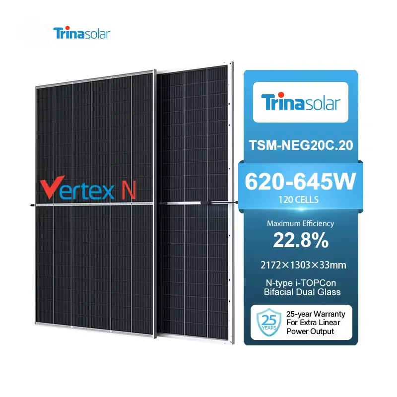 وحدة لوح شمسي أحادي من Trina vertex نوع N PV وحدة TSM-NEG20C.20 620W 630W 635W 640W 645watt ثنائية الوجه