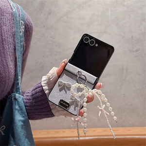 Étui de protection élégant pour téléphone Z Flip 7 6 5 4 3 avec pendentif nœud en strass et motif crocodile en jean, avec support anneau - Product Image 4