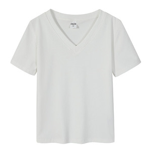 เสื้อยืดผ้าฝ้ายแขนสั้นคอวีสีกรมท่าสีพื้นสำหรับใส่พักผ่อน - Product Image 3