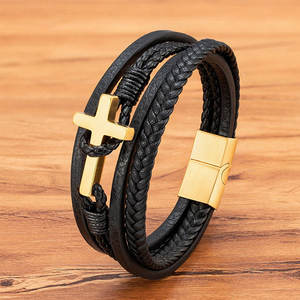 Pulsera y brazalete de oro para hombre de acero inoxidable 316L antideslustre, pulsera magnética cruzada apilable para hombre - Product Image 1