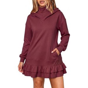 Robe sweat à capuche personnalisée pour femme, col roulé, manches longues, ourlet à volants, poches, coupe oversize, mini-robe - Product Image 1
