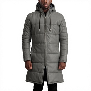 Manteau long à capuche pour homme, épais, matelassé, fermeture éclair sur le devant, gris, coupe classique - Product Image 1