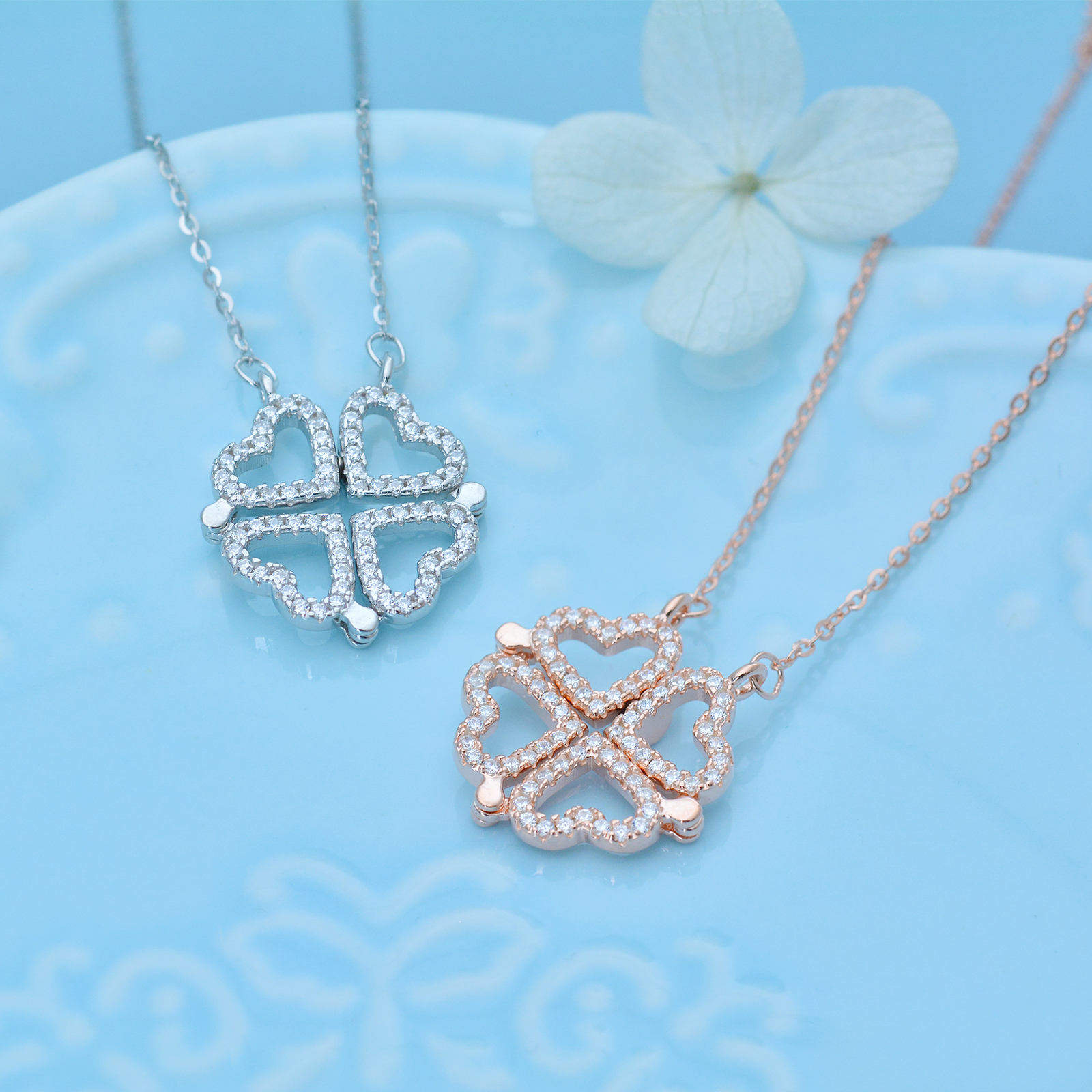 Merryshine 925 Sterling Silver Rose Gold Hearts Four Leaf Clover Pendant  Necklace for Women