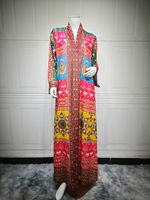 Robe longue musulmane de luxe multicolore à imprimé ethnique 2026 Dubaï, col en V, manches cloche, tenue Abaya modeste