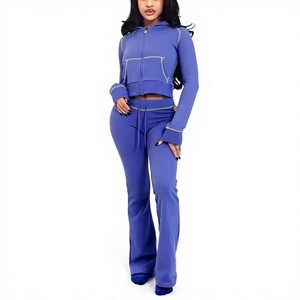 <b>Women's</b> Blue 2 Piece Tracksuit Set Hooded Zip Crop Top And Flare <b>Pants</b> Casual <b>Lounge</b> Outfit - Product Image 1