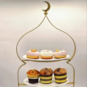 मुस्लिम शैली की मस्जिद के आकार का 3 टियर सिरेमिक गोल्ड मेटल केक स्टैंड, रमजान और ईद फैमिली पार्टी के लिए खाद्य भंडारण और कंटेनर