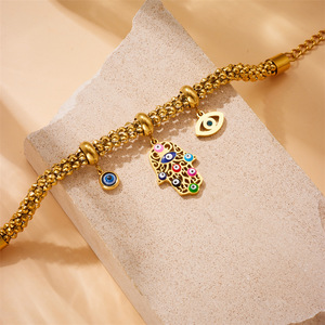 European American Style Gold Plated Stainless Steel Fatima Hand Eye Charm Bracelet Unisex Gift Jewelry - Product Image 3