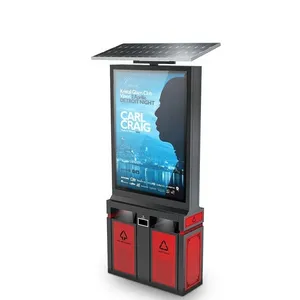 Manufacturer Solar Powered Lights Road Street Garbage Bin Automatic Smart Sensor Dustbin With Customized Ads