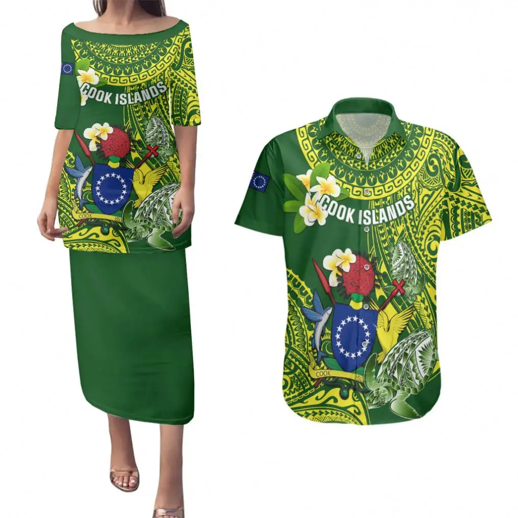 Gepersonaliseerde Kok Eilanden Koppels Puletasi Jurk En Hawaiiaans Shirt Wapen Plumeria Polynesische Schildpad Print Maxi Jurk Hot