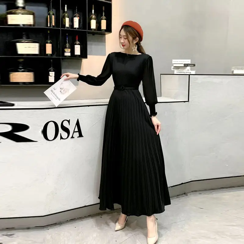 QZ410 Korean 2021 Fashion Long Sleeve Pleated Sashes Slim Waist Chiffon Long Dress Women Elegant solid Dresses Clothing