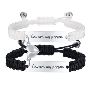 Ensemble de 2 bracelets personnalisés en corde argentée gravée, acier inoxydable 304, logo laser pour couples, <span class=keywords><strong>bracelet</strong></span> magnétique en forme de cœur pour hommes et femmes, style punk - Product Image 3