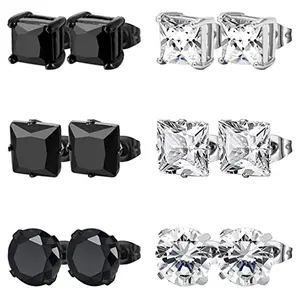 2401 12 sets of silver black earrings Square round zircon four claw wholesale