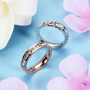 Diamond Set <b>Couple</b> <b>Rings</b> 4MM Round Brilliant Cut Stainless Steel Wedding Bands Unisex Rose Gold Gunmetal Steel - Product Image 2