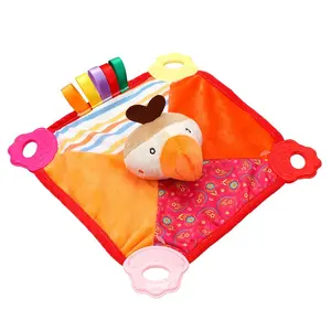 Cheap Plush Square Shape Stuffed Animals Head Blanket With Teether Kids Security Toys Baby Soothing Towel