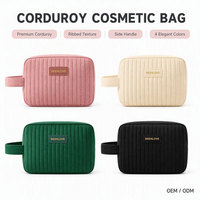 Pochette de maquillage en velours côtelé, matelassée verticale, avec poignée latérale, fermeture éclair, étiquette en cuir, 4 couleurs, rangement portable de voyage, OEM
