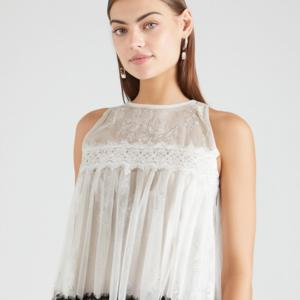 Sofisticado Sem Mangas Verão Dual-Tone Poliéster Calor Plissado Tank Top Elegante Contraste Lace Overlay Detalhando Sexy Blusa