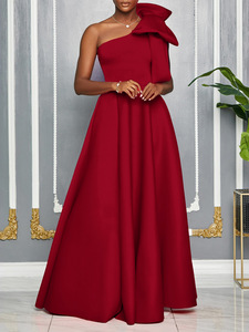 Abito da festa da donna taglie forti, nuovo modello alla <span class=keywords><strong>moda</strong></span> con spalla asimmetrica e fiocco, vestito ampio a balze - Product Image 3