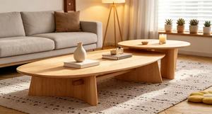 Modern Wooden Coffee <b>Table</b> Set Nesting Design Scandinavian Style Living Room Furniture Natural Finish Oval Shape - Product Image 4