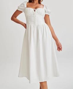 Женское льняное платье миди оптом на заказ, длинное, из хлопка и льна, с квадратным вырезом, повседневное, А-силуэт - Product Image 1