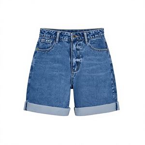 Shorts de mezclilla de cintura alta para mujer, pierna recta, lavado a la piedra, algodón, ropa casual de verano, transpirable, ajuste regular, con botones - Product Image 1