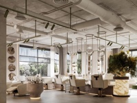 Service de design d'intérieur de salon de coiffure de luxe industriel moderne, système d'affichage de miroirs suspendus sur mesure et aménagement de boutique