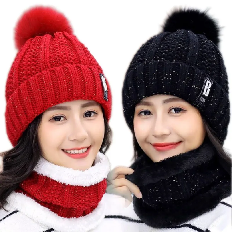 Rajutan Topi Huruf Tebal 2 Buah Ski Bulu Hangat Pom Pom Beanies Cincin Syal Wanita Bulu Berjajar Topi Musim Dingin dan Syal Set