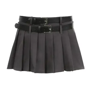 Spicy Double Belt Pleated Short Skirt New Women&#39;s High Waist Thin Fashion Summer Mini Woven 100% Polyester for Women Gray
