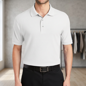 Polo en piqué de coton blanc à manches courtes pour homme, coupe classique, col classique, couleur unie, tissu respirant tricoté - Product Image 3