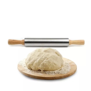Rouleau à pâtisserie en acier inoxydable antiadhésif pour biscuits, pâtes <span class=keywords><strong>et</strong></span> pizzas, avec manche en <span class=keywords><strong>bois</strong></span> - Product Image 1