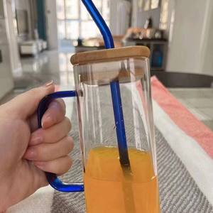 Tazza <span class=keywords><strong>da</strong></span> <span class=keywords><strong>Caffè</strong></span> <span class=keywords><strong>in</strong></span> <span class=keywords><strong>Vetro</strong></span> Borosilicato Quadrata Fatta a Mano con Manico Colorato, Coperchio <span class=keywords><strong>in</strong></span> Bambù e Cannuccia Colorata - Product Image 6