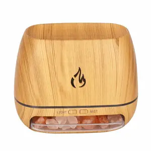 Wood Grain Himalayan Crystal Salt Stone Aroma Humidifiers 3D Flame Fire Aromatherapy Essential Oil Diffuser With Night Light
