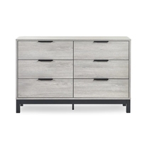 Commode moderne minimaliste gris clair texturé à 6 tiroirs avec glissières à roulettes en acier inoxydable, écologique et durable pour chambre et salon