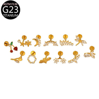 Anting-anting tindik titanium zircon G23, stud tulang telinga, bagian belakang datar, ulir dalam, anting-anting, perhiasan tindik tubuh
