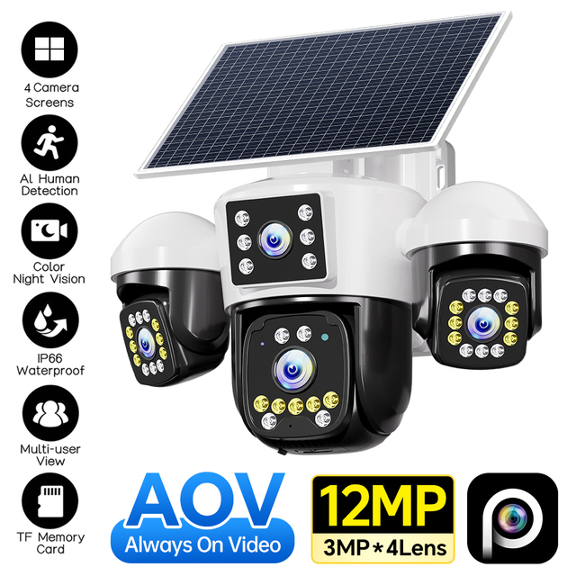 12MP Solar AOV Security CCTV Camera 4 Lens 4 Screen 360° PTZ Wireless Outdoor Camera AI Human Detection Color Night Vision IP66