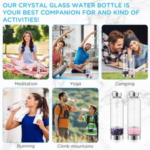 Bouteille d'eau en verre infusée de pierres précieuses en quartz rose, en bambou, écologique, naturelle, best-seller, pour la guérison - Product Image 4