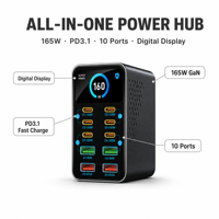 Chargeur de bureau GaN 165W multi-ports USB C, station de charge rapide PD 3.1 avec écran numérique pour ordinateur portable, smartphone, tablette
