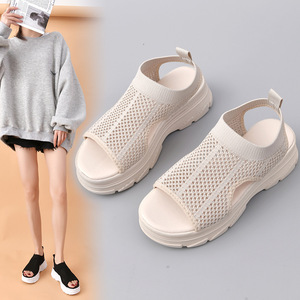 Novas Sandálias Planas de Plataforma Grossa para Mulheres, com Tira no Tornozelo, Calçado Slip On, <span class=keywords><strong>Peep</strong></span> <span class=keywords><strong>Toe</strong></span>, Recortes em Malha, Respirável, Sandália Casual para Meninas - Product Image 2
