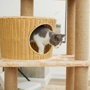 Árbol para gatos con casa de ratán, 4 niveles, poste rascador de cuerda de cáñamo para gatos - Product Image 3