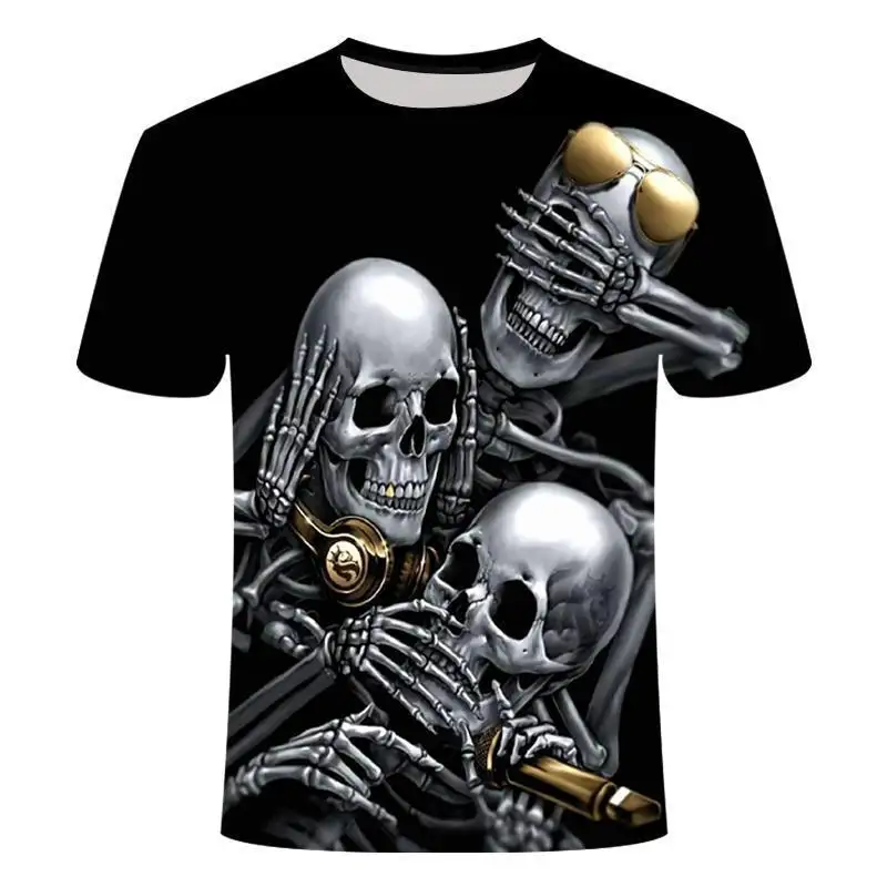 Fanli camiseta preta masculina de caveira, 3d, king, para o verão, de horror, de alta qualidade, manga curta, hip hop