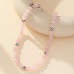 Rose Quartz Round Bead Necklace With <b>Silver</b> Spacer Balls Minimalist <b>Choker</b> Style Fashion Jewelry - Product Image 1