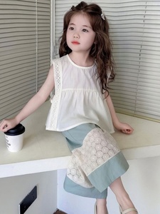 Set di vestiti casual estivi in due pezzi <span class=keywords><strong>per</strong></span> bambine, top senza maniche con occhielli e pantaloni a gamba larga - Product Image 2