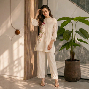 Conjunto de Túnica y Pantalones Palazzo Festivos de Algodón Chanderi Premium, Sin Arrugas, Diseño Étnico para Mujer - Product Image 1