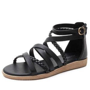 Brown Genuine Leather Ankle Strap <b>Flat</b> <b>Sandals</b> with Braided Detail Open Toe Buckle Closure Summer Women Shoes Drop Shipping - Product Image 5