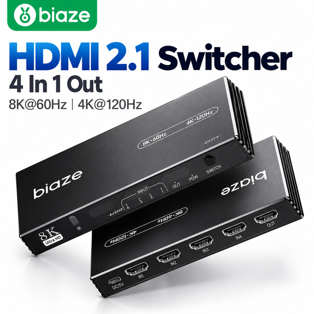 Biaze HDMI 2.1 Switch 4 in 1 Out 8K 60Hz 4K 120Hz 4 Port HDMI Switcher with IR Remote Metal Housing for TV Monitor PS5 Xbox