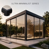 Véranda en verre ultra-minimaliste moderne en alliage d'aluminium, cadre fin, coins mitrés de précision, double vitrage trempé Low-E