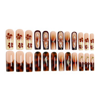 24 faux ongles longs en forme de cercueil à presser, motif écaille de tortue vintage automne, fleurs 3D cerise, avec décorations métalliques